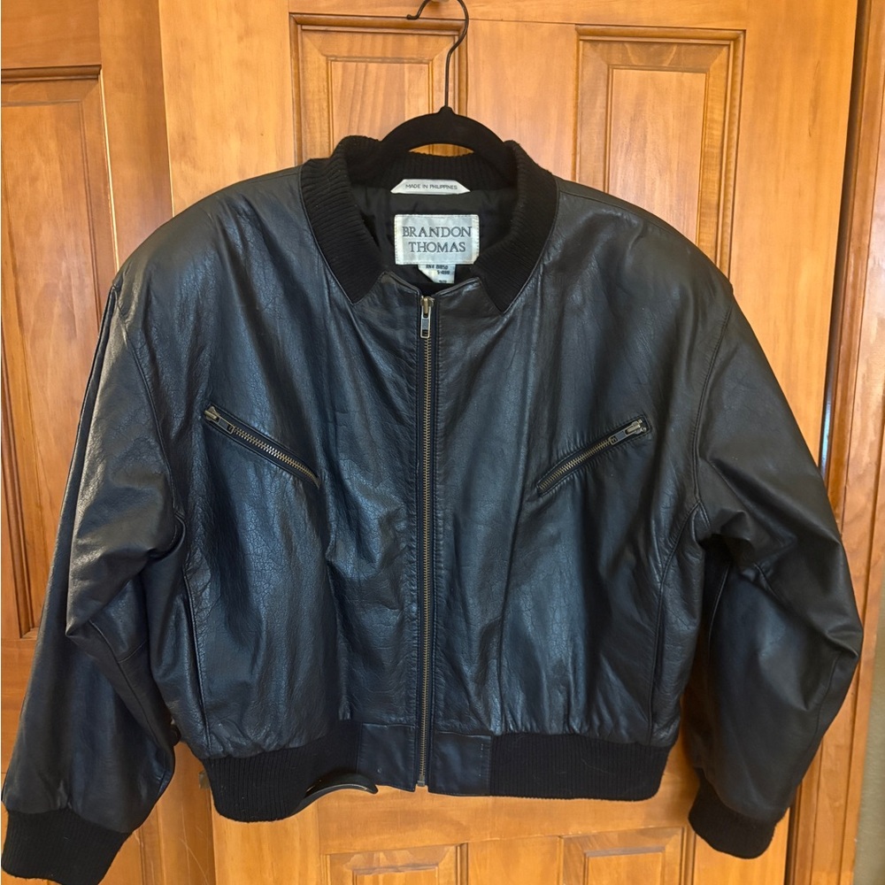 Brandon Thomas Cropped Leather Black Bomber Jacket